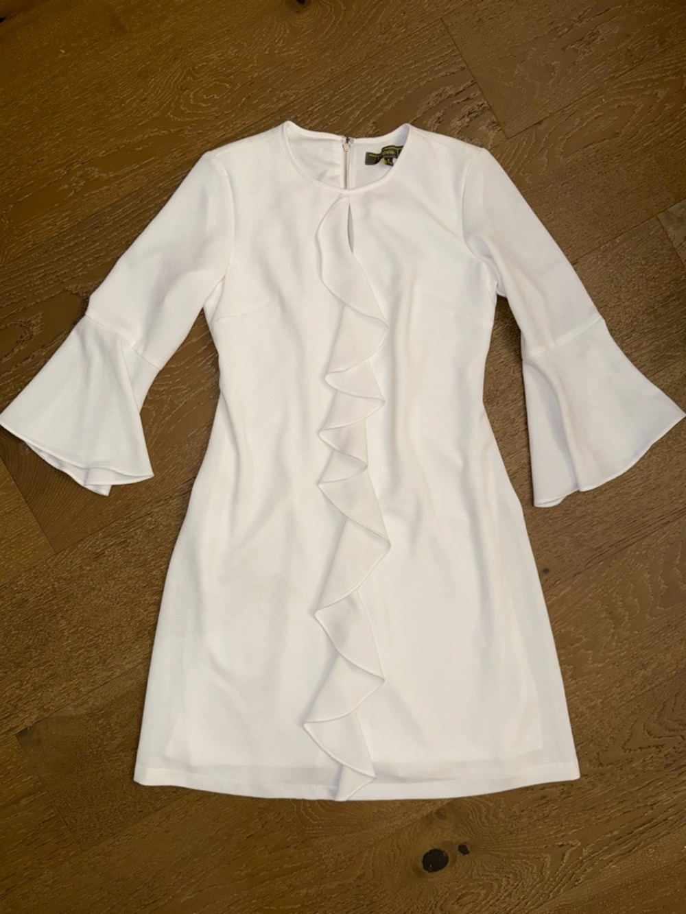 White Ruffle-Front Mini Dress with Bell Sleeves